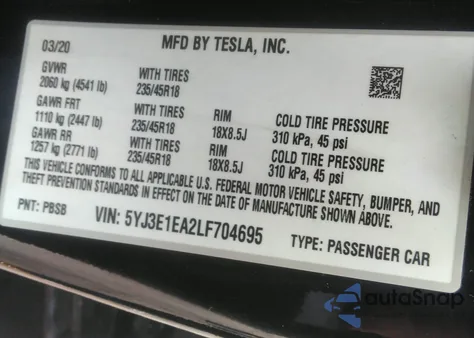 2020 Tesla Model 3 Standard Range Plus Rear-Wheel Drive/Standard Range Rear-Wheel Drive from USA, damaged, VIN 5YJ3E1EA2LF704695